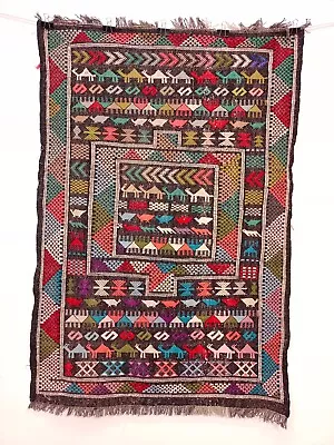 Vintage Beautiful Hand Woven Moroccan Pictorial Wall Hanging Tapestry Kilim • $195