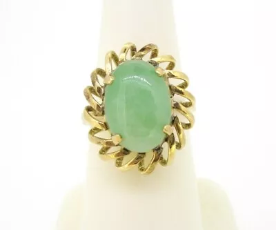 Ring14k Yellow Gold Oval Green Cabochon Jade 13 X 9 Mm Basket Mounting Size 5.5 • £660.20