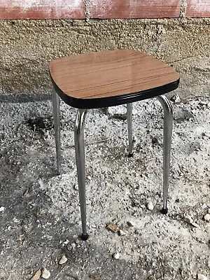 Antique Chrome Metal Compass Foot Stool + Formica Seat Brown Wood Vintage • $42.44