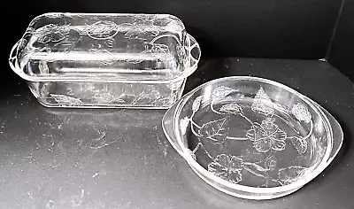 Vintage Clear Glass Loaf Pan W/ Lid & Pie Plate Embossed Flowers Leaves Ovenware • $34.99