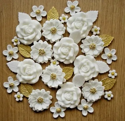 £8.65 • Buy WHITE,GOLD  ROSE BOUQUET Edible Sugar Paste Flowers Cupcake Decorations Toppers