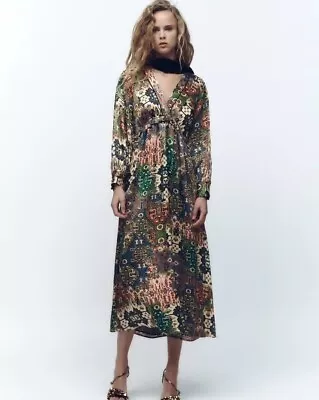 Zara Satin Printed Multicoloured V Neck Long Dress Rrp £49.99 S • £20.67