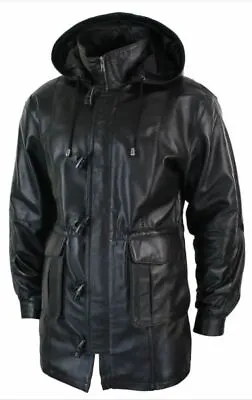 Men's Trench Hooded Over Coat Genuine Sheepskin Black Leather Jacket Coat • $121.10