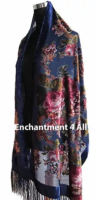 Elegant 100% Silk Burnout Velvet Vintage Floral Oblong Scarf Shawl Wrap Navy • $27.99