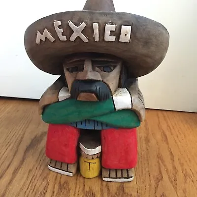 Mexican Wood Statue Tequila Man Sombrero Hand Carved Painted Chichen Itza Mexico • $59.46