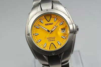 [Exc+4] SEIKO TITANIUM 8F32-0040 Perpetual Calendar Quartz Yellow Dial JAPAN • $128.99