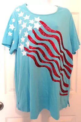 NWOT Aqua QUACKER FACTORY American Flag Themed Short Sleeve Top - 1X • $9.99