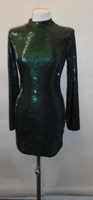 £7.99 • Buy Zara Ladies Bodycon Green, Sequin Lace-up Back, Long Sleeve Dress Uk8-10 Cg B42