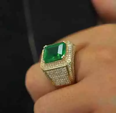 3.50Ct Emerald Cut Natural Emerald Mens Pinky Ring 14k Yellow Gold Plated Silver • $323.99