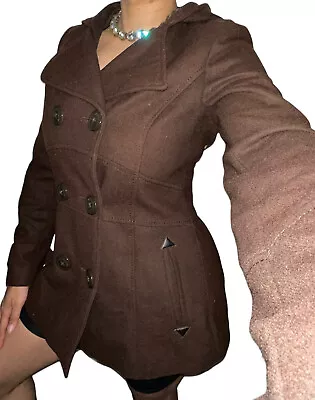 Miss Sixty M60 Y2K Brown Wool Blend Double Breasted Pea Coat Gold Button S • $39