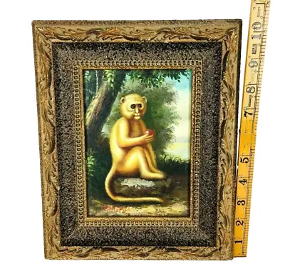 Original Oil On Canvas Painting Monkey Holding An Apple Signed Framed Vintage • $475