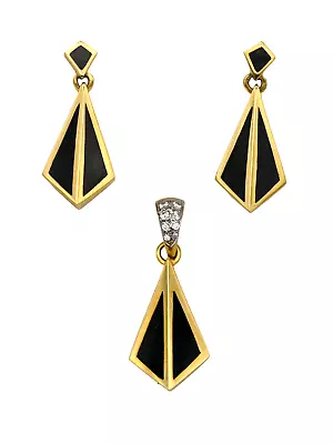 Vintage Bernard K Passman Diamond Onyx  Earrings Pendant Suite 14k Yellow Gold • $187.50