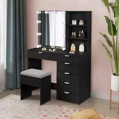 Vanity Table Set Makeup Bedroom Dressing Lighted With Sliding Mirror 6 Drawers • $189.99
