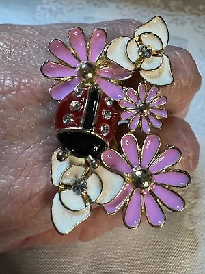 Rare Vintage Double-Finger Ring W/Enameled Ladybug Daisies And Bling STATEMENT! • $38