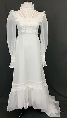 Vintage 1970s Bridal Wedding Dress Victorian Look Sheer Lace High Neck Sz XS/S • $99.99