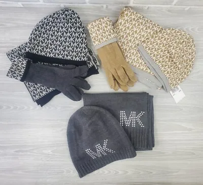 MICHAEL KORS Knit Hat Scarf And Glove Lot Repeating MK Logo Winter Fall Beanie • $44.99