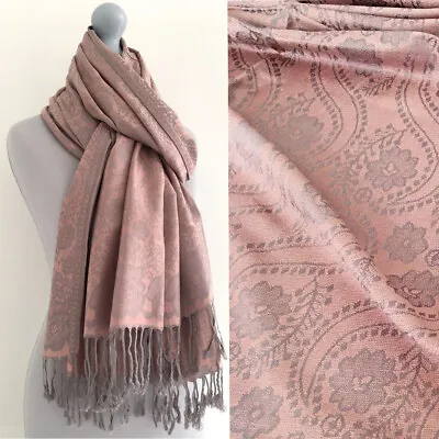 Pink Rose Gold Pashmina Shawl Large Scarf Paisley Floral Wedding Wrap Evening • £10.40