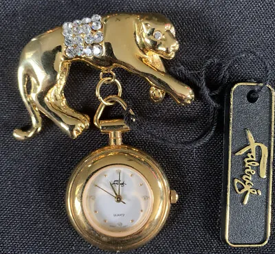 Estate Faberge  Leopard NEW WITH TAG Dangle Brooch Watch  Gold Tone Metal LXF002 • $85