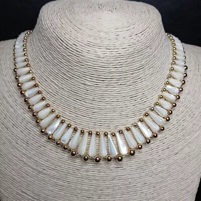 Vintage Bib Necklace Mother Of Pearl Gold Tone Beads. 10914 • $21.99