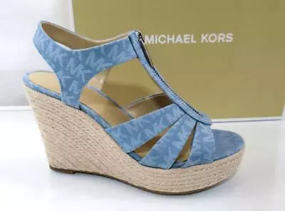 Michael Kors Berkley Platform Wedge Sandals MK Logo Canvas Denim Size 7.5 • $119