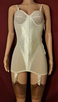 VTG 1950s Open Bottom Corselette Girdle All-in-One Ivory Satin 6 Garters Sz 34B • $32.95