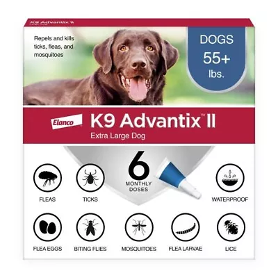 K9 Advantix II Monthly Flea & Tick Prevention For XL Dogs 55 Lbs+ 6 Doses • $71.98