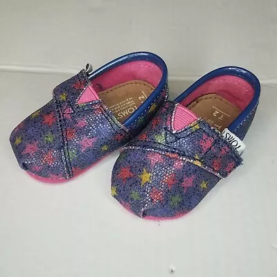 TOMS Toddler Girl's Size 2T Shoes Flats Sparkle Fabric Multi Colored Stars Print • $12.99