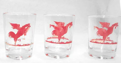 Set Of Three (3) Vintage Red ROOSTER & HEN Chickens Juice Glasses Heavy Bottom • $2.28