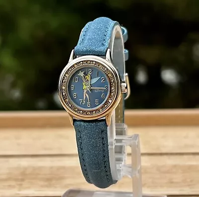 Vintage Disney’s Tinkerbell Watch Silver Crystal Accent Bezel Blue Strap • $15