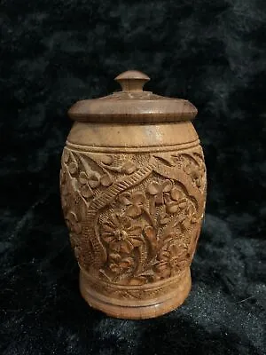 Vintage Wood Canister Round Box Oranately Carved Design 6” H With Detachable Lid • $11.85