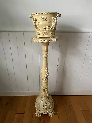 Vintage Baroque Design Ornate Ivory Finish Jardiniere With Pedestal Stand • £225