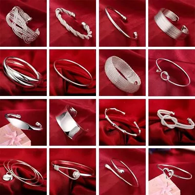 £2.16 • Buy 925 Sterling Silver Bangle Bracelet Cute Charm For Women Adjustment Cuff Wedding
