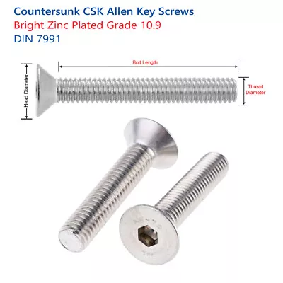 £1.49 • Buy M10 X 30mm COUNTERSUNK SOCKET SCREWS ALLEN KEY BOLTS ZINC PLATED 10.9 DIN 7991