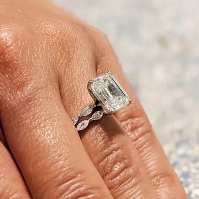 £127.20 • Buy 14K White Gold Finish 3.90Ct Emerald Cut Diamond Matching Band Ring Set Size J-T