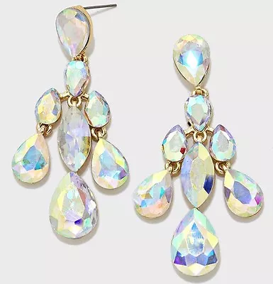 Aurora Borealis AB Gold Dangle Crystal Pageant Rhinestone Earrings 2.5” Long • $15