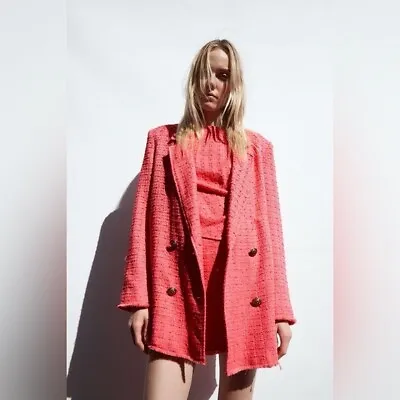 Zara Womens Pink Textured Tweed Boucle Blazer Size Medium BNWT • $55.95