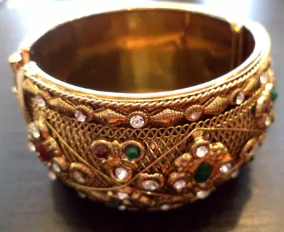 Stunning Vintage Estate Gold Tone Rhinestone Ethnic 7  Clamper Bracelet!!! 1567r • $0.99