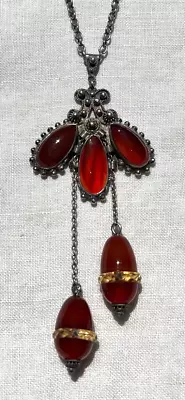 Antique Victorian CARNELIAN CITRINE Sterling Cannetille Pendant Dangles Necklace • $459.99