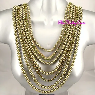 $69.20 • Buy Olive Green Multi Layered Pearl Feature Statement Necklace W/ Swarovski Crystals