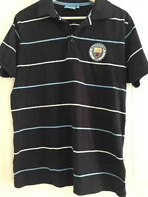 MANCHESTER CITY Polo Shirt Blue Striped Short Sleeve Mens Medium M • £14.99