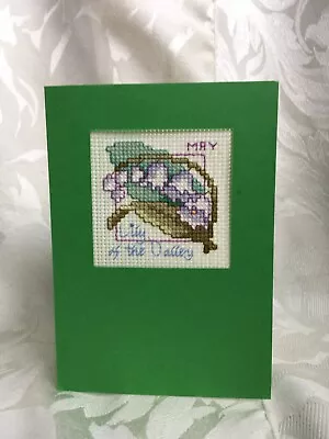 Green Handmade Cross Stitch May Lily Of The Valley Birth Flower Card & Envelope • £4