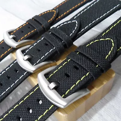 Canvas Watch Strap Leather Lined Premium Stitched Black Fabric Band 18 20 22 24 • £12.99