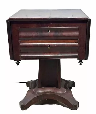 Rare Flame Mahogany 1830s Empire Drop Leaf Work Table 2 Drawer Sewing Stand • $405