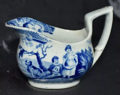 £15 • Buy Antique Blue & White Pearlware Rural Scene Miniature Creamer, Girl Boy Dog House