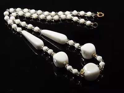 17  Vintage Czech Deco Necklace White Teardrop Oval English Cut Glass Beads • $22