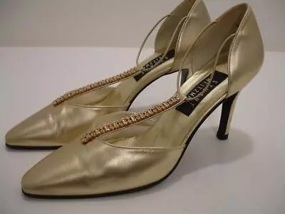 Womens 7.5 B M Stuart Weitzman Metallic Gold Rhinestone T-Strap Shoes Pump Heels • $39.99