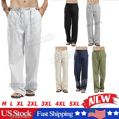 $14.99 • Buy Mens Trousers Loose Cotton Linen Yoga Drawstring Elasticated Summer Beach Pants