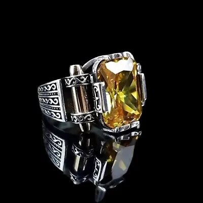 Solid 925 Sterling Silver Turkish Jewelry Citrine Stone Men's Ring All Size #998 • $49
