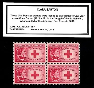 1948 - NURSING - CLARA BARTON Mint Never Hinged Block Of Vintage Stamps • $3.95