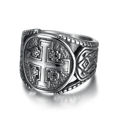 Jerusalem Crosses Round Signet Vintage Men's Finger Band Rings Christian Gift • $10.99